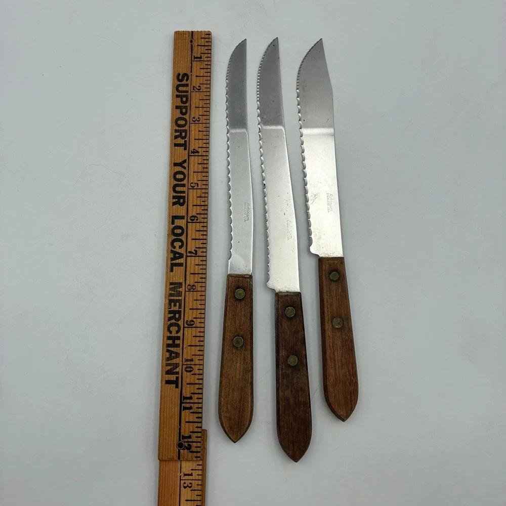 Robinson Stainless USA Knives Set Lot of 3 Vintage Wood Handle Serrated